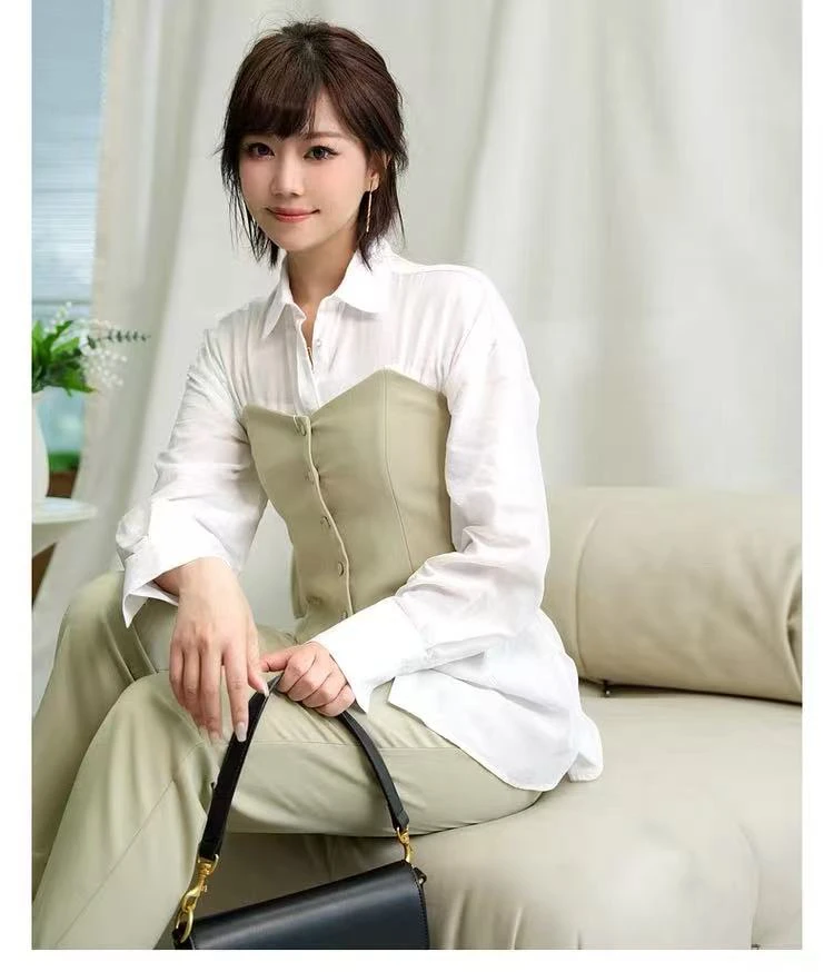 

Faionable Pure Original Mila Owen Spring Summer Slim Fit Tube Top Collared irt Casual Pants Tee Piece Set Women's irt