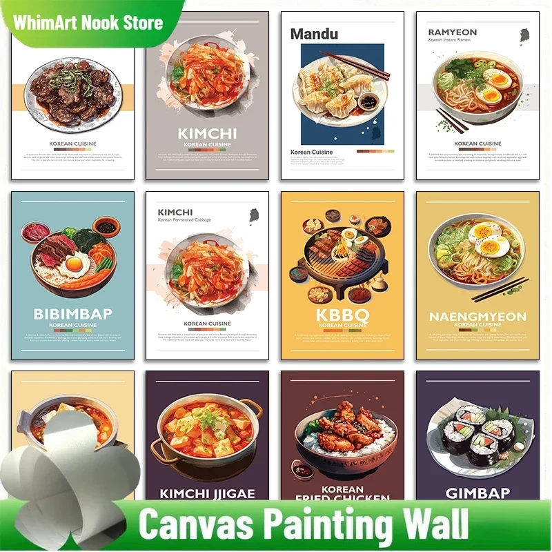 Póster de comida coreana, Bulgogi Bibimbap Gimbap Kimchi Sundubu Jjigae, pintura en lienzo, imagen artística de pared minimalista, decoración de cocina y habitación