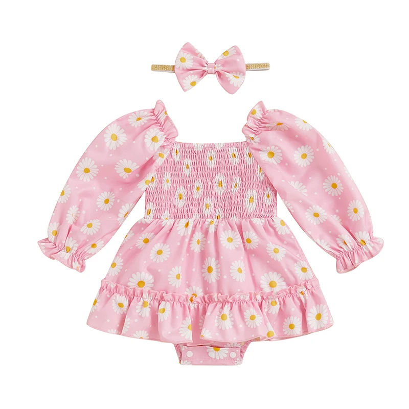 Baby Girls Romper Dress Flower Strawberry Print Long Puff Sleeve Smocked Jumpsuits Bow Headband