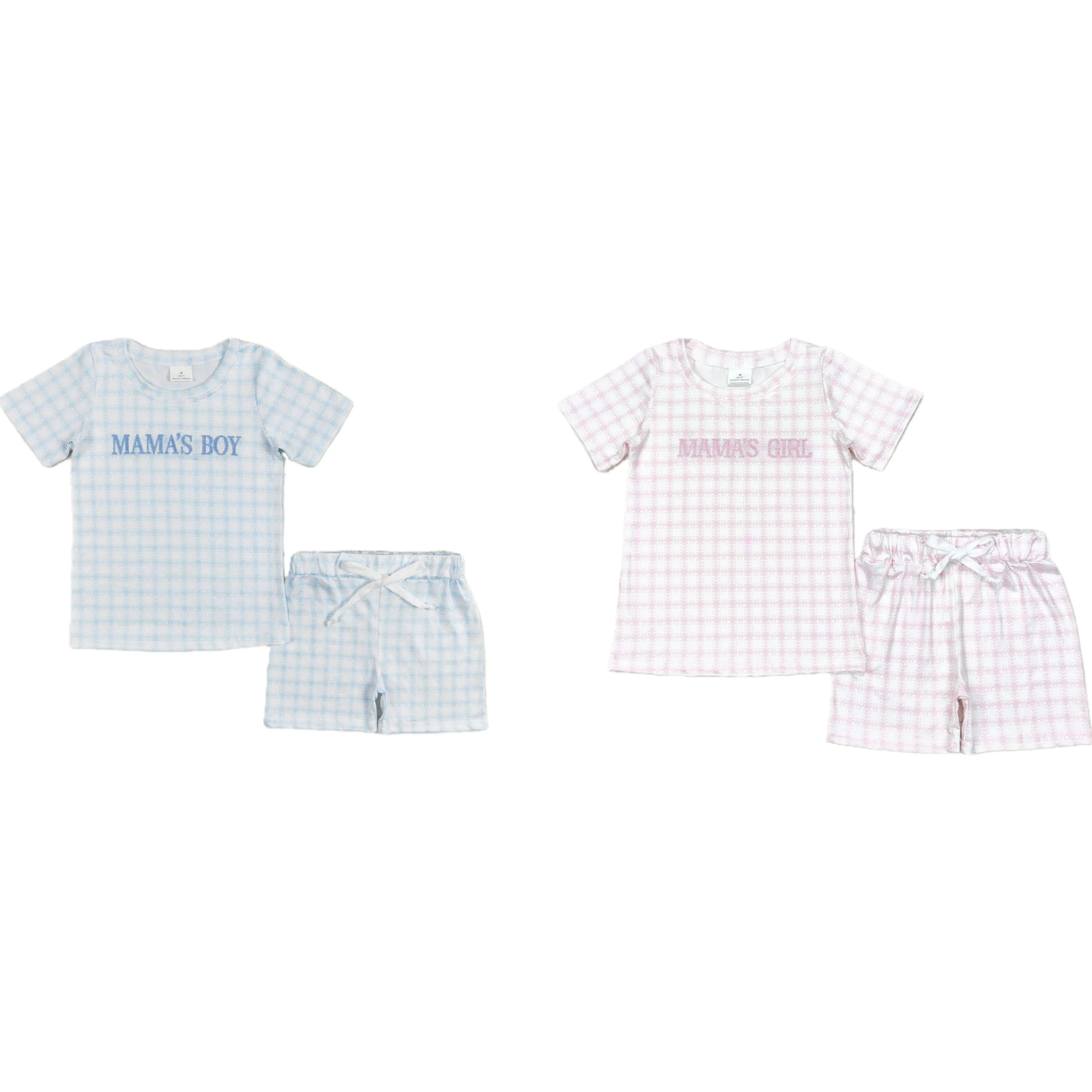 

Wholesale Children Embroidery Mama's Boy Girl Two Pieces Outfit Toddler Kids Short Sleeves Plaid Tops Shorts Summer Sets Clothes