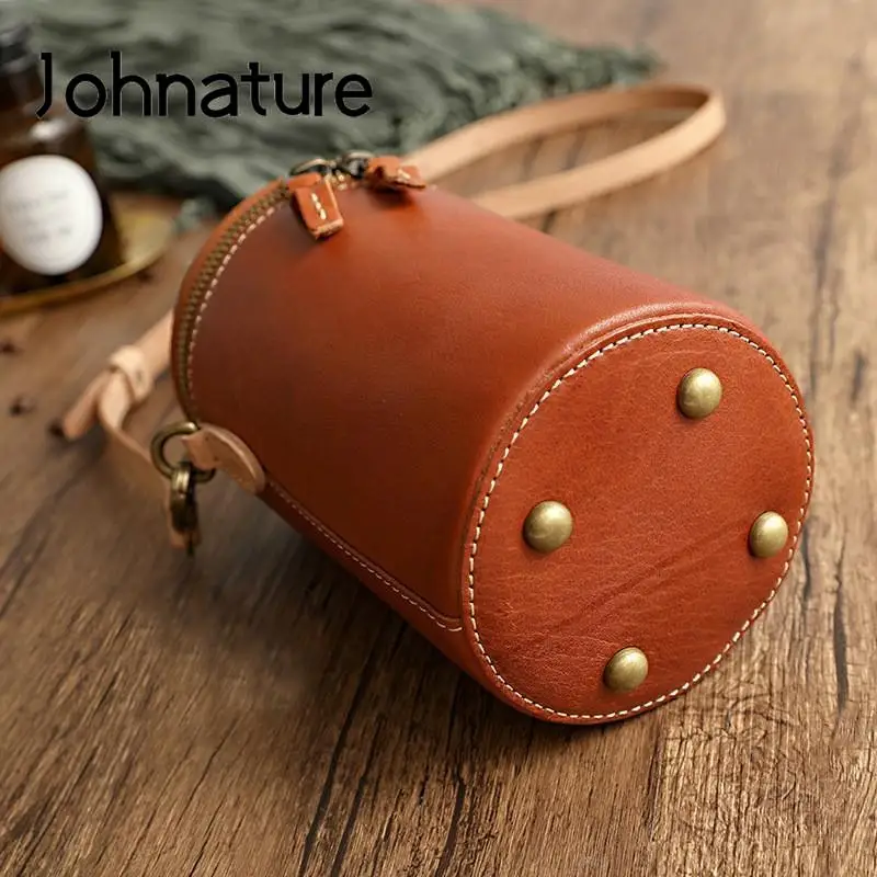 Johnature Simple Solid Color Bag Women 2024 New Genuine Leather Leisure Real Cowhide Barrel-shaped Shoulder & Crossbody Bags