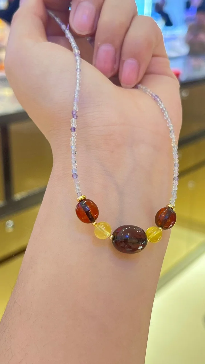 

Certificated Multi-gemstones Short Choker With Natural Baltic Yellow & Red Amber String Necklace Crystal Beaded Strand Jewelry