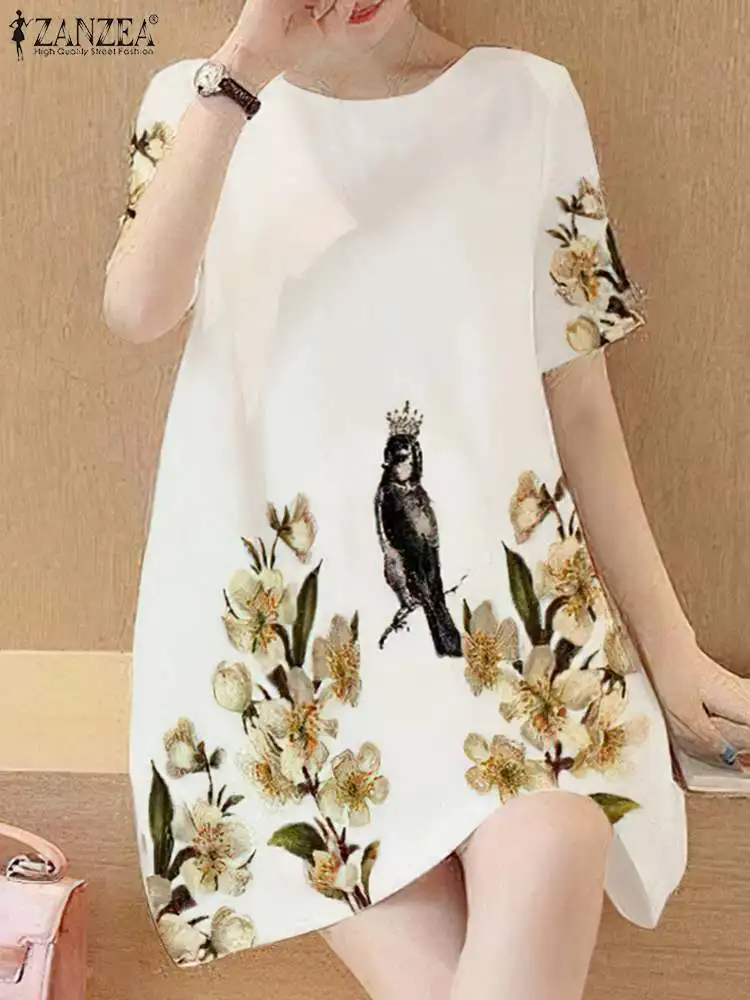 ZANZEA donna abiti con stampa retrò Vintage manica corta Mini prendisole 2024 vacanze estive girocollo abiti Casual femminili Vestidos
