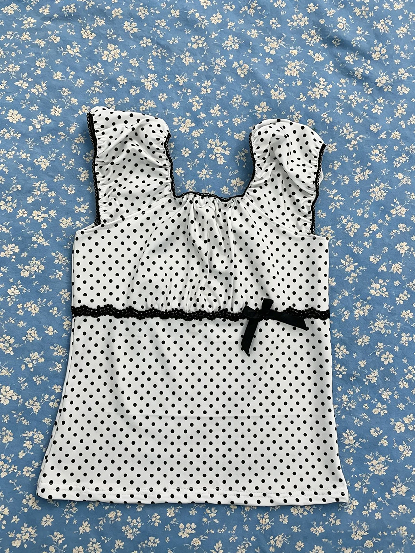 Fashion Versatile Sweet Girl Short Sleeve T-shirt French Retro Black White Polka Dot Square Neck Bubble Sleeve Waist Cinched Top
