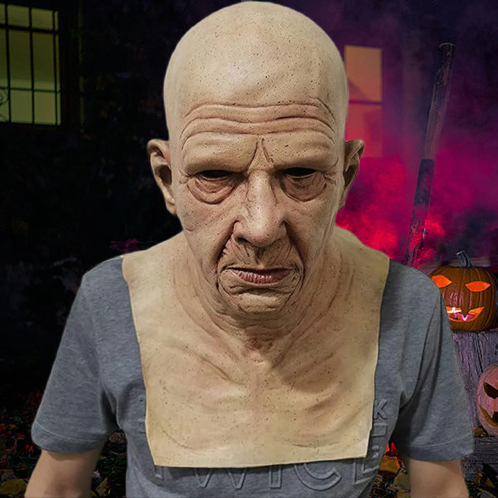 Halloween Realistic Old Man Facewear Portable Full Face Covering Scary Wrinkle Halloween Cosplay Party Props