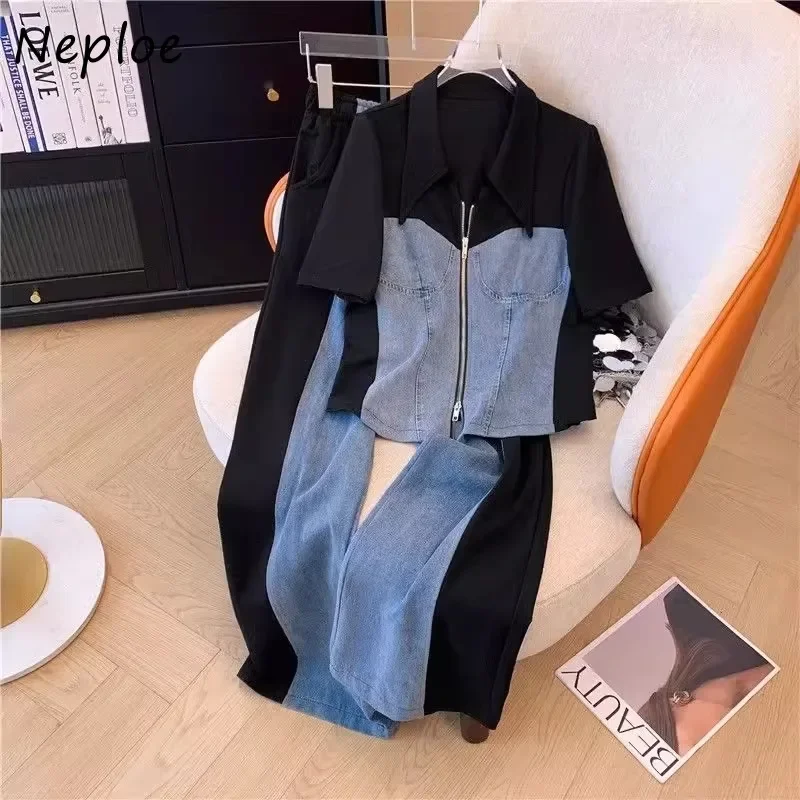 Neploe Lapel Neck Zipper Denim Patchwork Tops Women+ Y2k High Waist Lace Up Wide Leg Pants 2024 Summer New Two Piece Sets