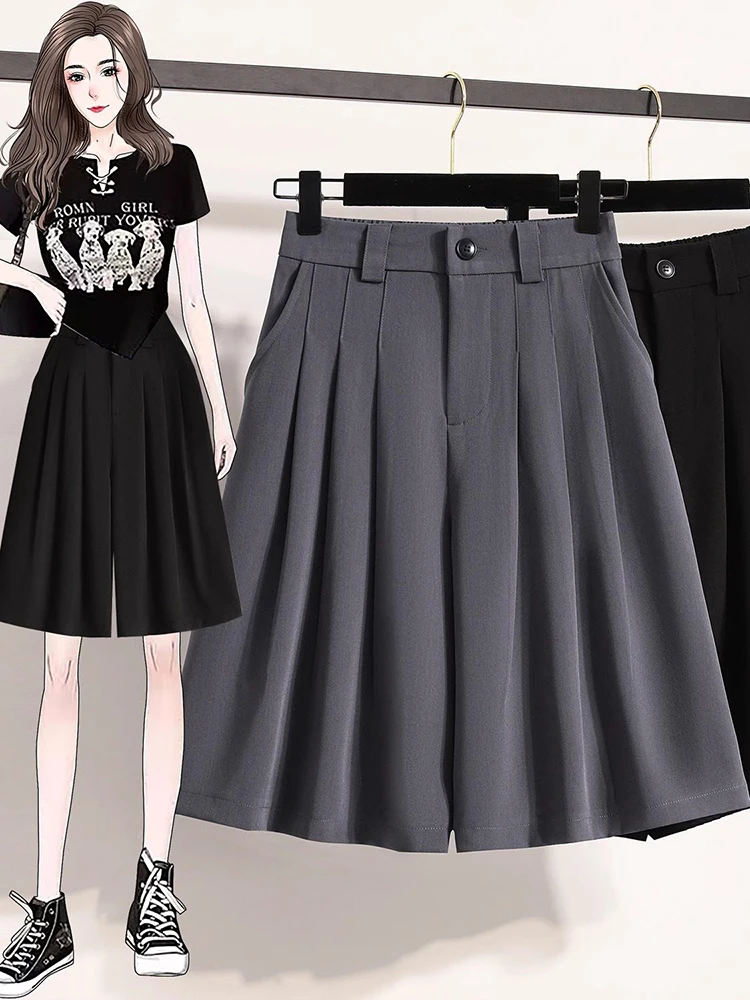 

Summer Solid Color Wide Leg Shorts Women‘s Draped High Waisted Casual Loose Fit Office Versatile Mid-Length Suit Shorts