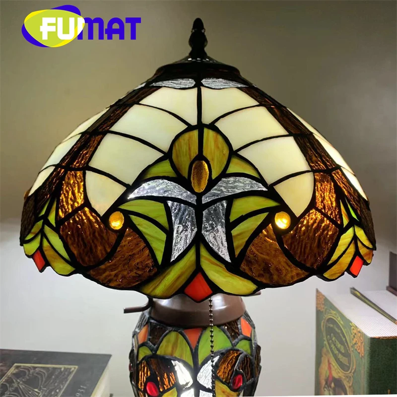 FUMAT Tiffany Table Lamp Vintage Style Bedroom Den stained glass hand-decorated exquisite double-headed reading table lamp