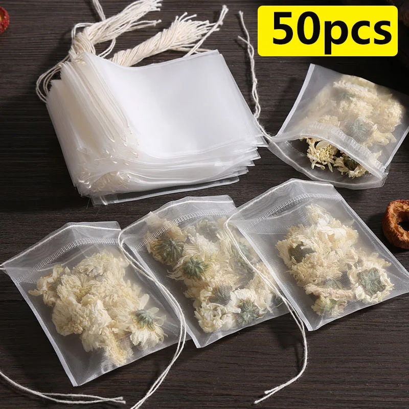 50pcs Transparent Nylon Tea Bags Disposable Tea Bag Wth Drawstring Filter Bags Seal Spice Herb Filters Tea bag Kitchen Container