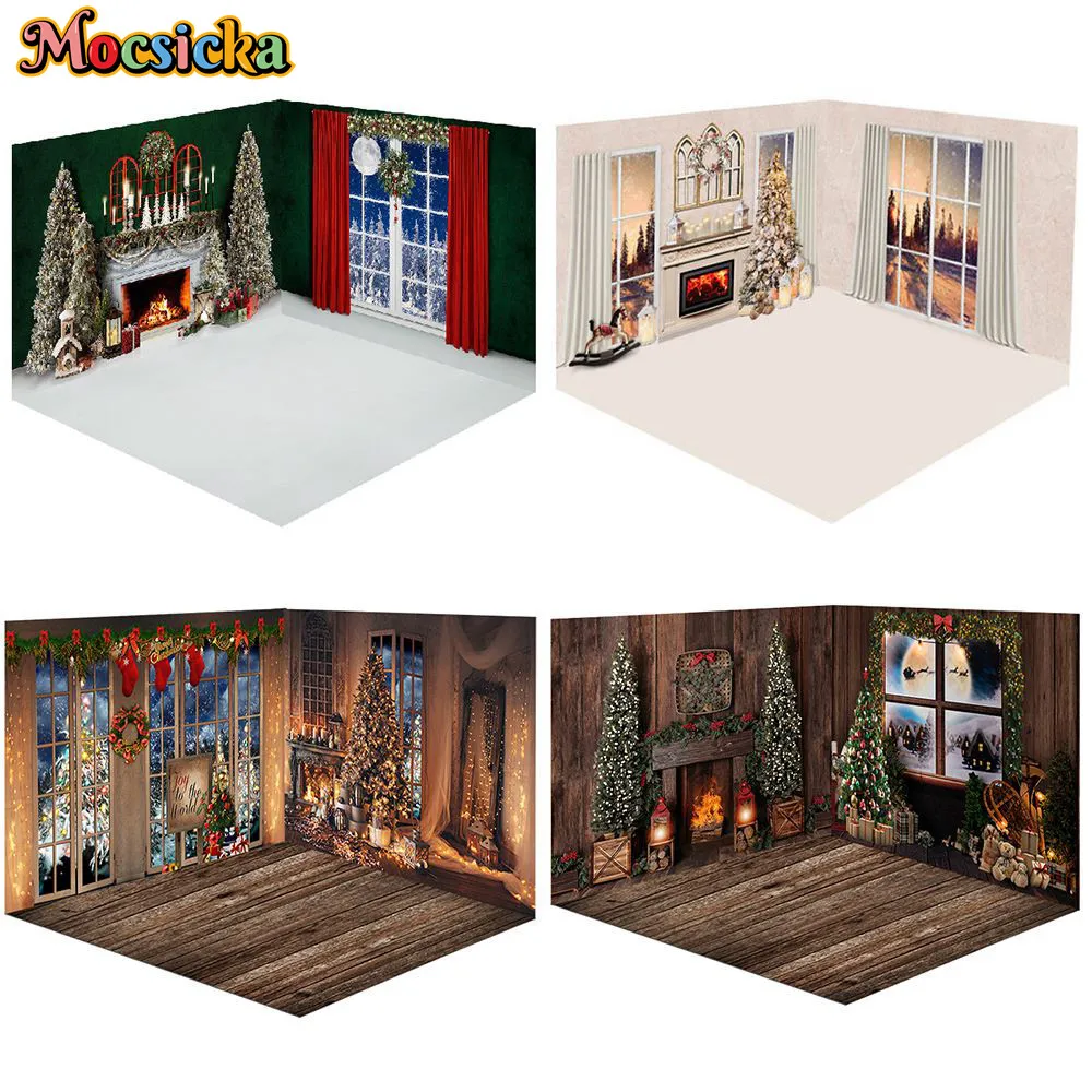 

Mocsicka Christmas Backdrop Wood Floor Fireplace Xmas Tree Window Family Portrait Photography Background Photo Studio Photoshoot