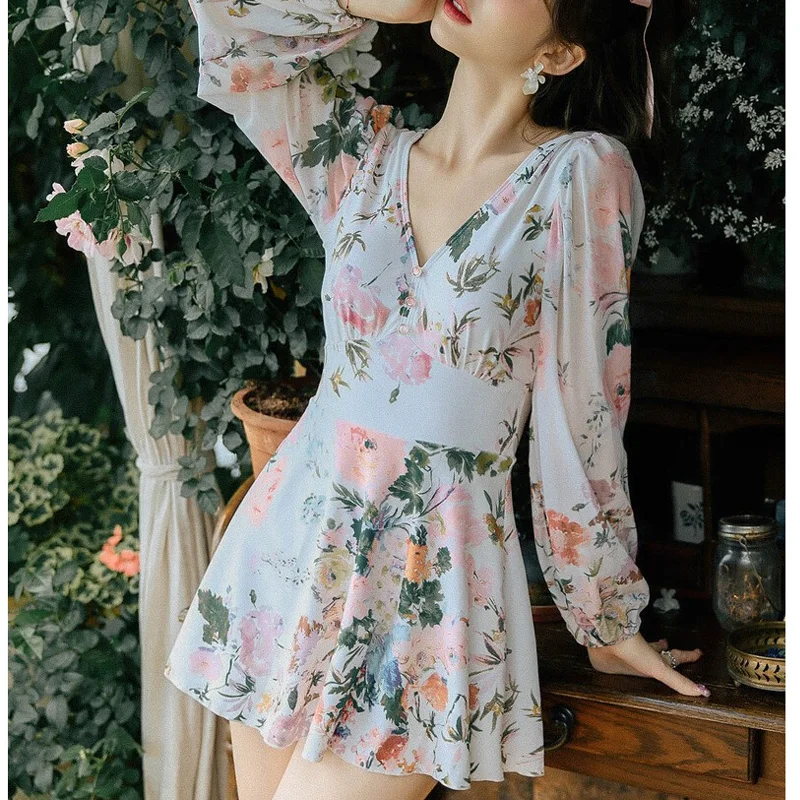 2023 New Summer Bohemian Asian Style V-neck Spliced Button High Waist Open Back Long Sleeve Sunscreen Holiday Dress Swimwear