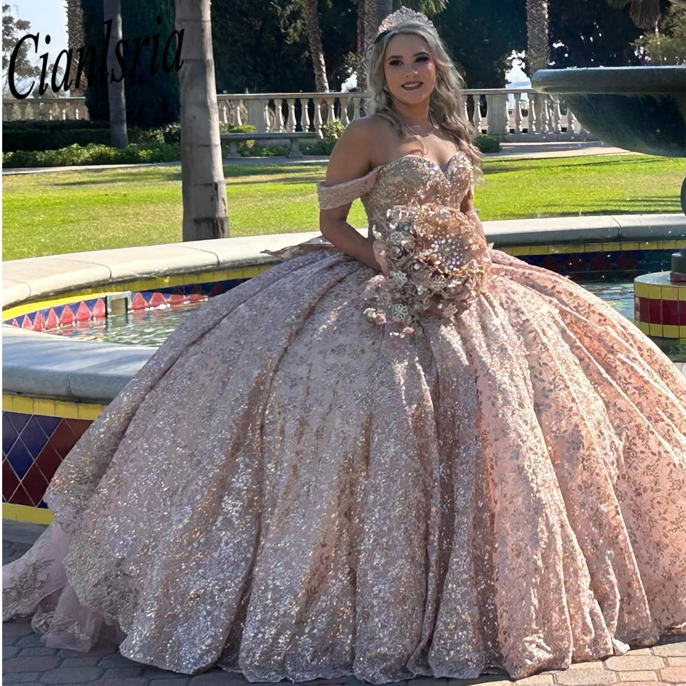 Rose Gold Vestidos De XV Años Pink Quinceanera Dresses 2024 Off The Shoulder Appliqued Short Sleeves Sweet 16 Prom Gowns