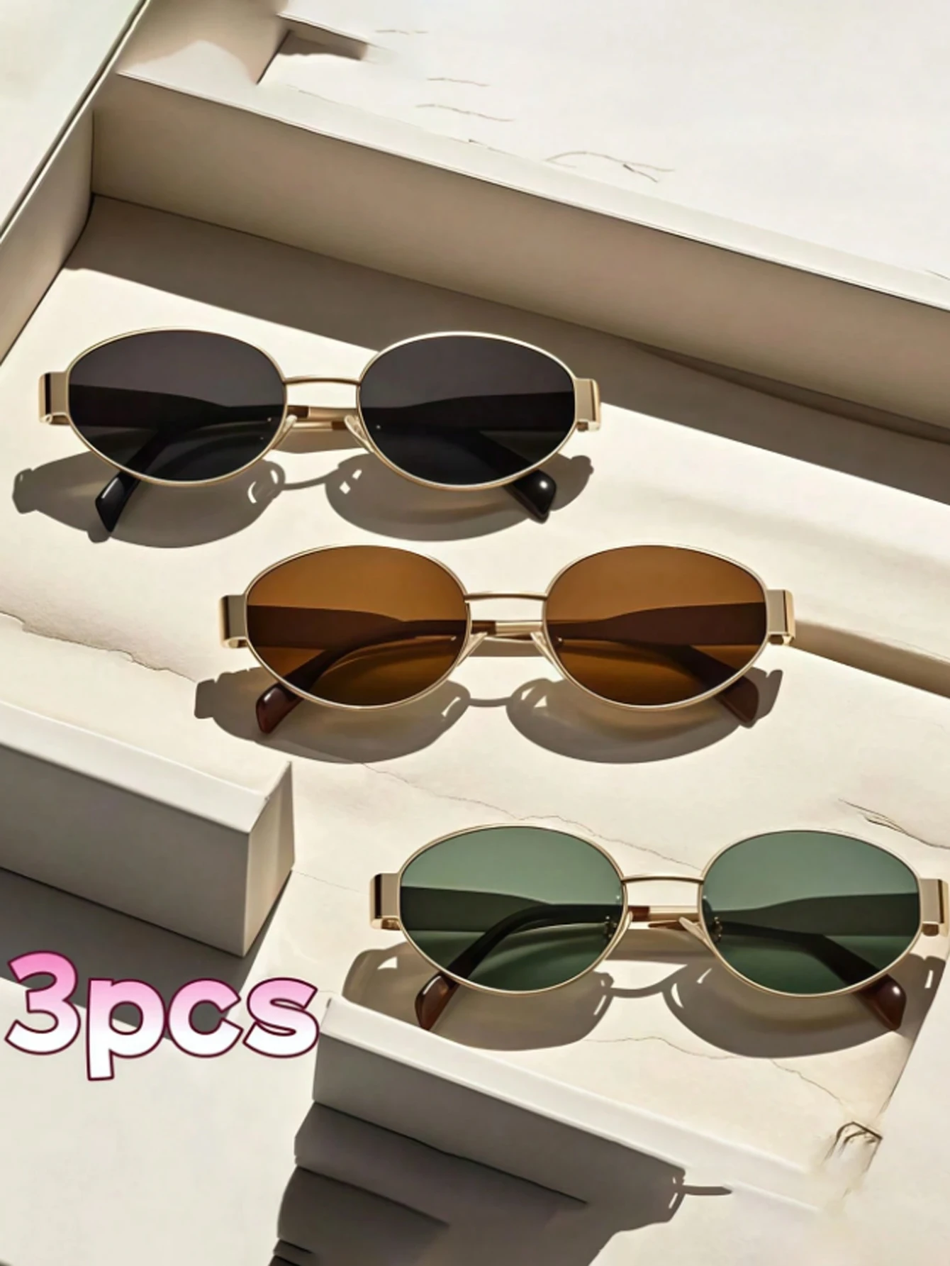 3Pcs Fashionable Oval Metal Frame Glasses Set, Durable Pc Lenses, Daily Casual Wear Accessories, Unisex