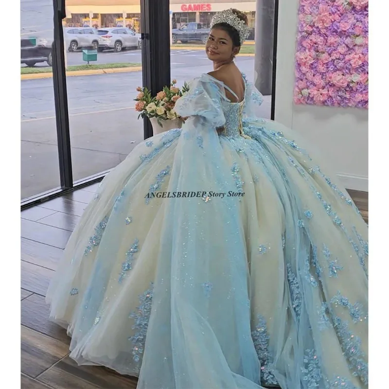 ANGELSBRIDEP Sky Blue Quinceanera Dress Ball Gown Champagne Lining Lace Applique Beading Corset Princess Party Sweet 16 Dress