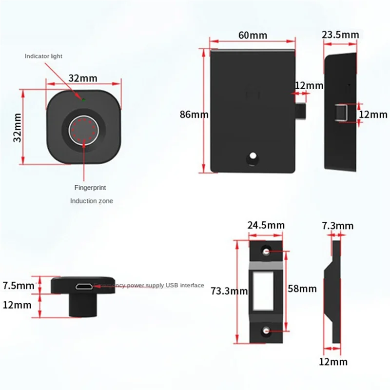 Biometric Fingerprint Lock Black Keyless Cabinet Lock Smart Drawer Locks Anti-Theft Door Lock Long Standby Time