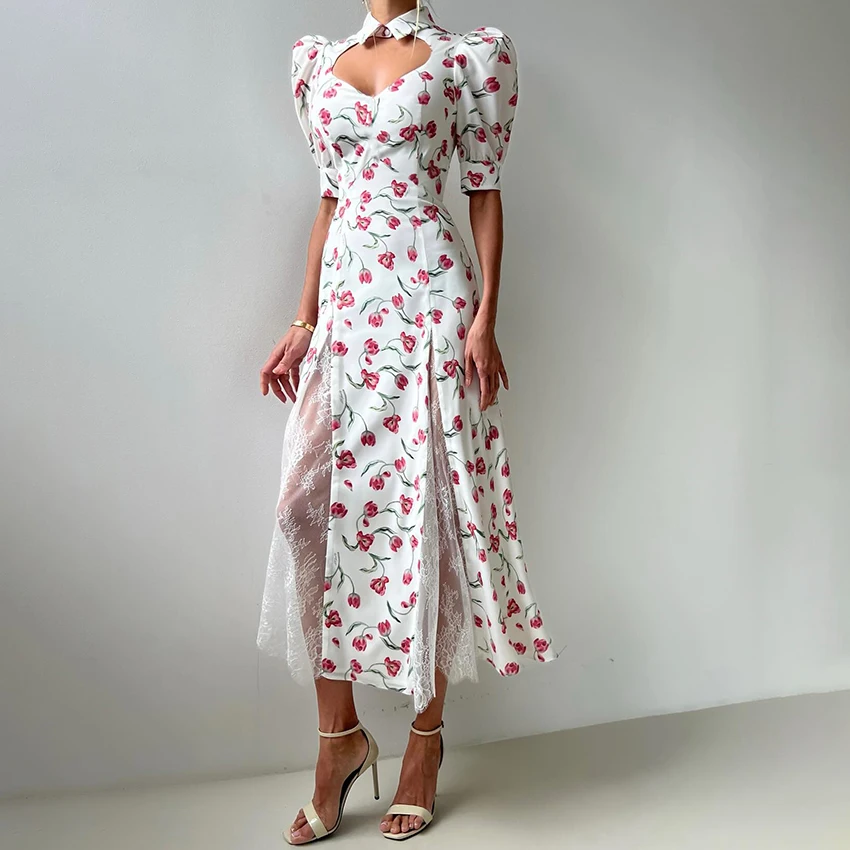 2025 new high-waisted floral print long dress, sexy cut-out lace dress, summer vacation dress with puffed sleeves