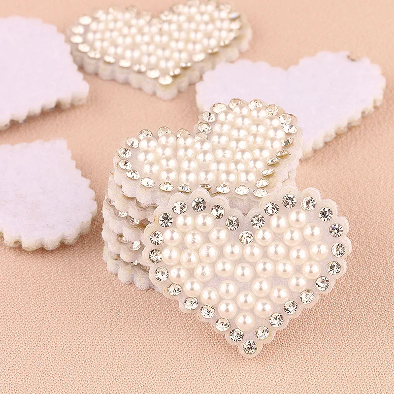 10Pcs Faux Pearl Rhinestone Heart Patches, DIY Hair Clip Materials, Clothes & Hat Appliques for Women Handcrafts