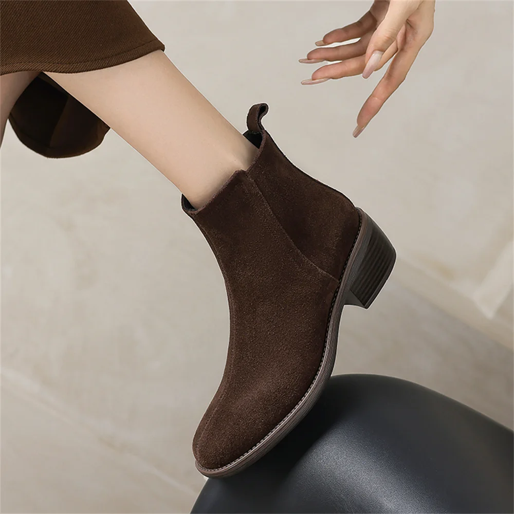 FEDONAS Retro Women Suede Leather Ankle Boots Thick High Heels Warm Short Shoes Woman Basic Office Pumps Elegant Round ToeBoots