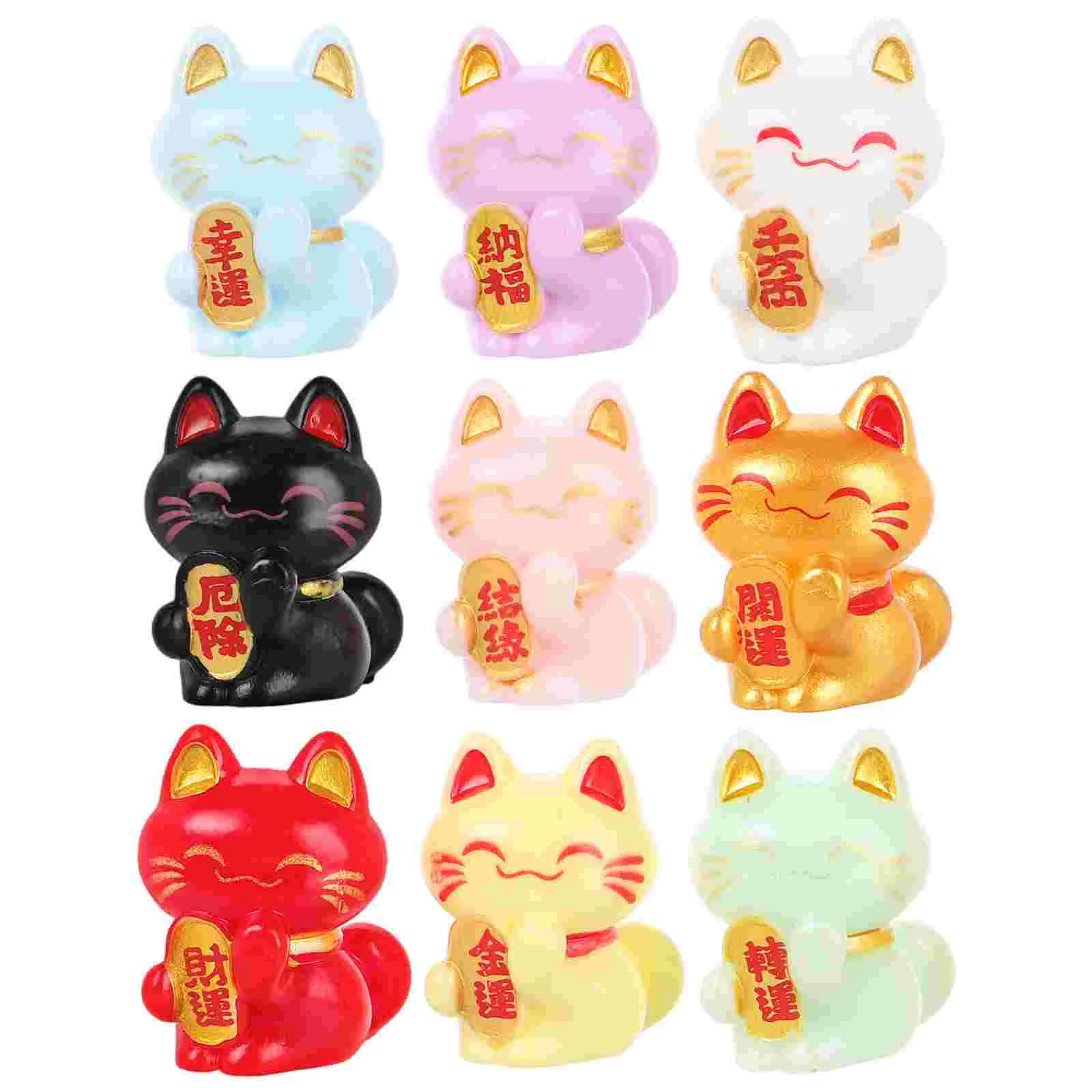 

9 Pcs Miniature Lucky Cat Statue Landscape Fortune Statues Animal Resin Adornments Japandi Home Decor Top Hat Small Figurines