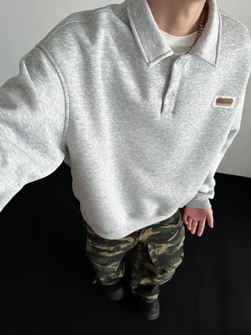 Autumn Men's Casual Solid Color Polo Neck Sweatshirt American Style Couple Loose Long Sleeve Turn down Collar Top Hoodies