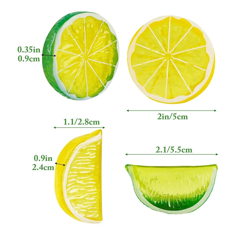 Bloques de rodajas de limón artificiales, 30 piezas, rebanadas de limón falsas y 20 piezas, frutas realistas, decoraciones de limón