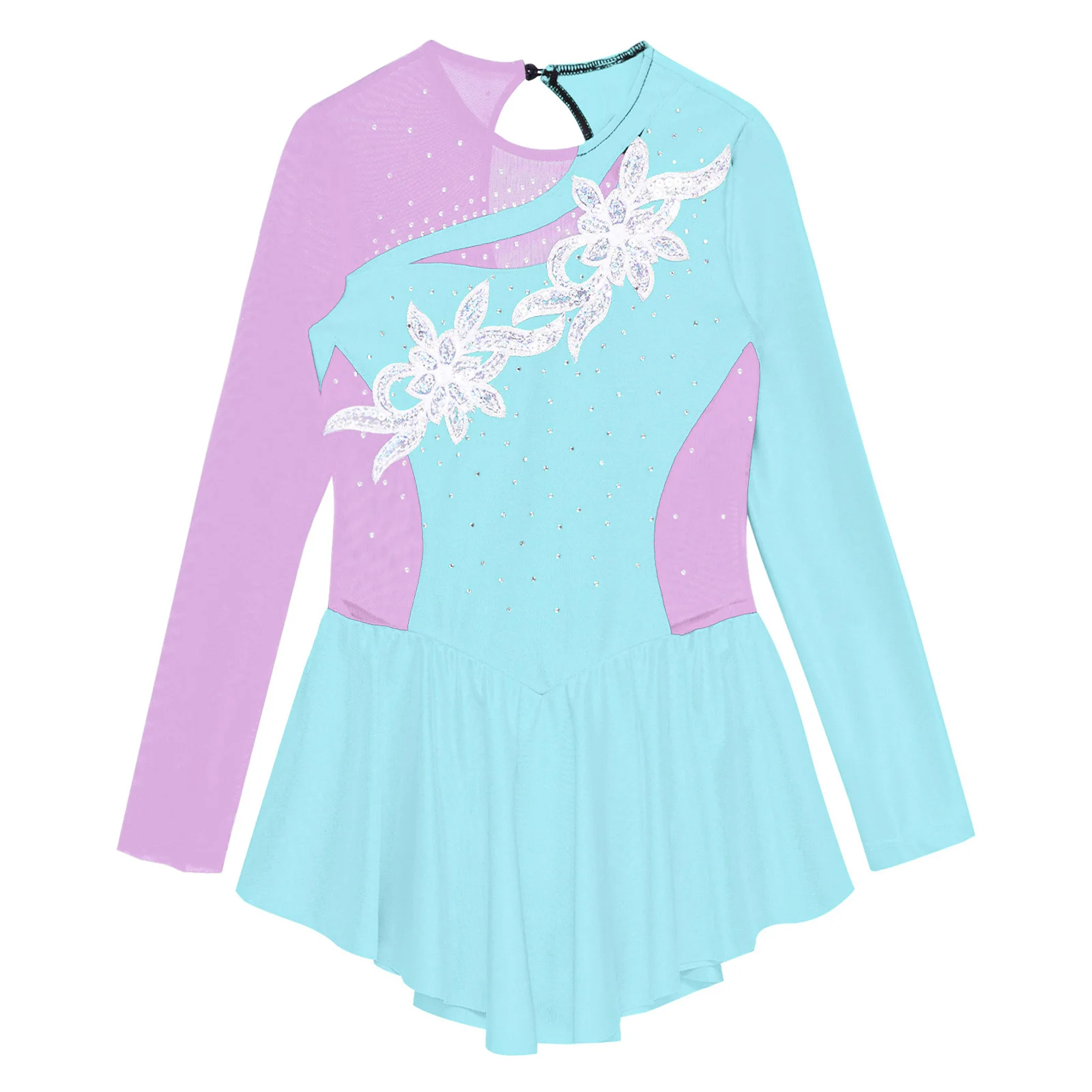 Kids Girls Ballet Tutu Dress Dance Wear Long Sleeve Round Neckline Shiny Rhinestone Figure Skating Ballerina Party Dance Dress