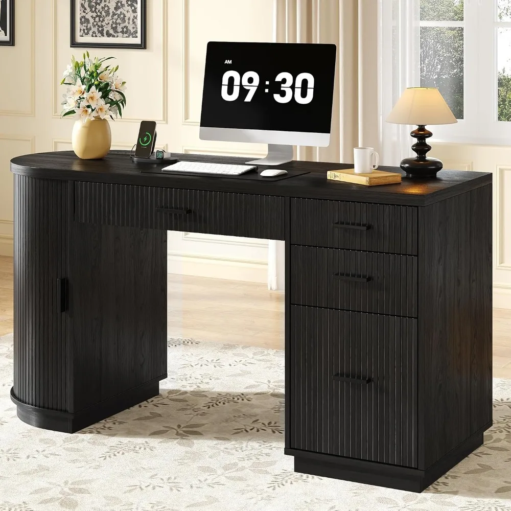ONBRILL 58 Inch Fluted Executive Desk, Computer Desk with Storage Drawers & File Drawer, Modern Home Office Desk with Charging Station for Working, Studying, Writing, Black