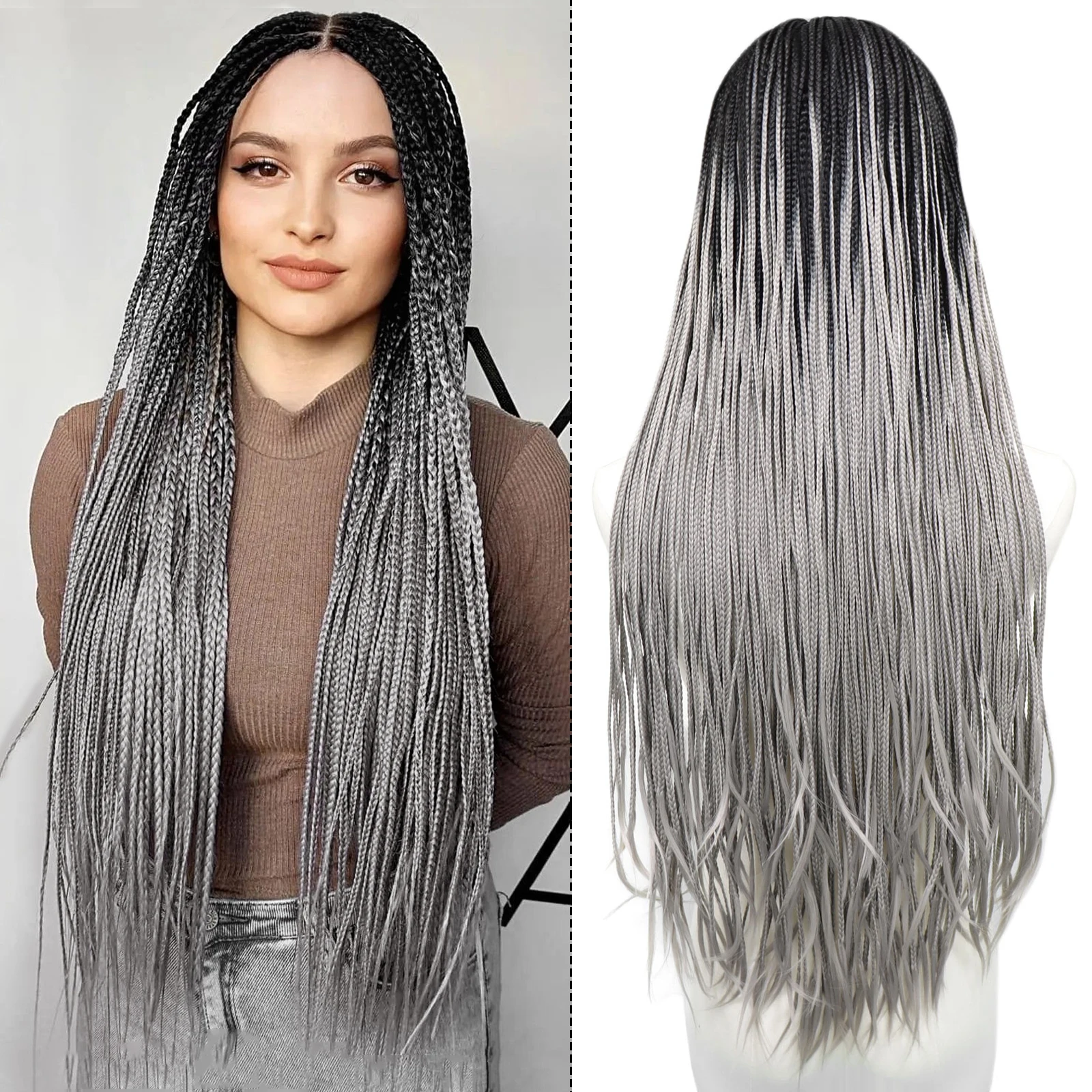 

Ombre Grey Box Плетеные парики Косы для чернокожих женщин 26-дюймовые длинные вязанные крючком косы Парик из синтетических волос Темные корни 13x3 Парик фронта шнурка