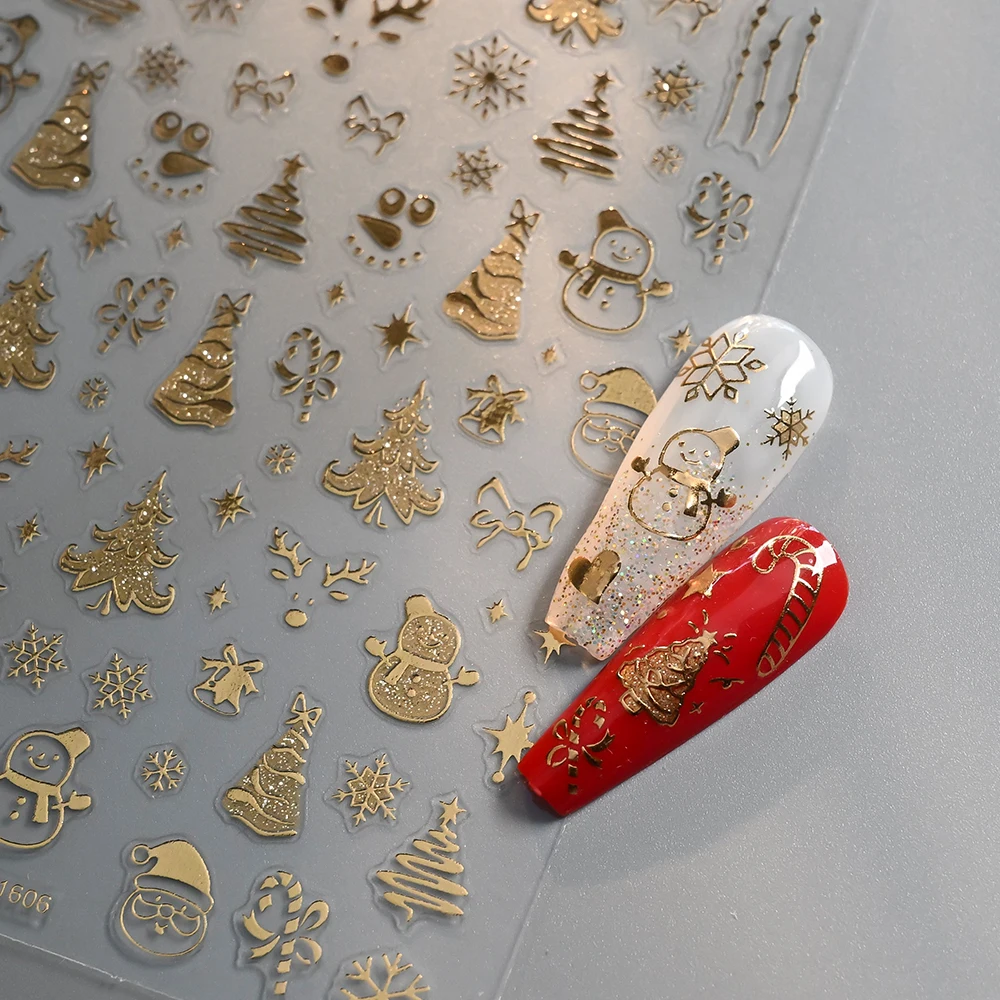 1 stücke 3D Gold Glitter Weihnachten Baum Schneemann Nagel Aufkleber Winter Schneeflocken Kristall Ball Cartoon Nagel Aufkleber DIY Charms Decorati