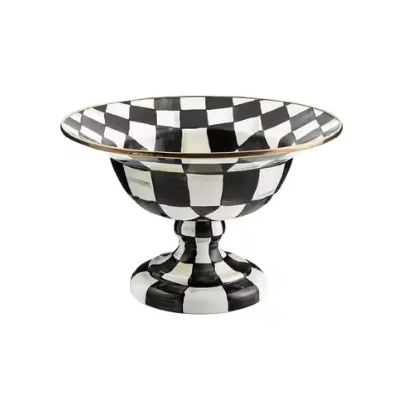 

Black and white plaid tabletop metal serving bowl Christmas nut fruit serving bowl platter