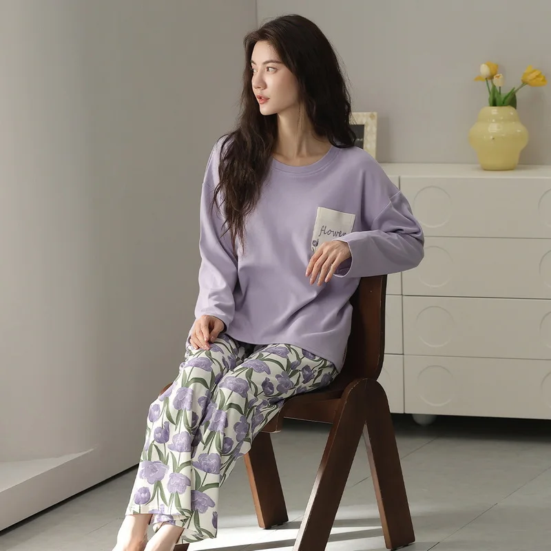 Flower Women Pajamas Long Sleeves Long Pants Autumn Winter Cute Sleepwear Sweet Pyjamas Casual Pijamas Girls Pajama Set Soft Pjs