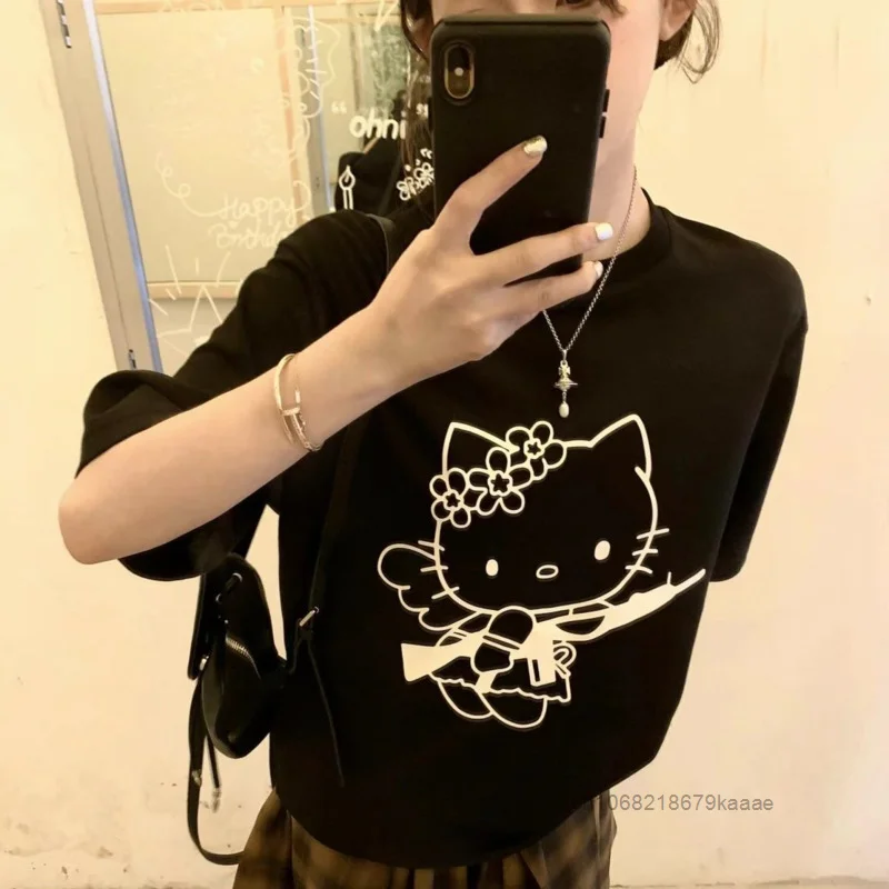 Camiseta Sanrio Hello Kitty de manga curta feminina, estilo americano, design moderno, camiseta de nicho, blusa casual solta de algodão para menina verão, Y2k