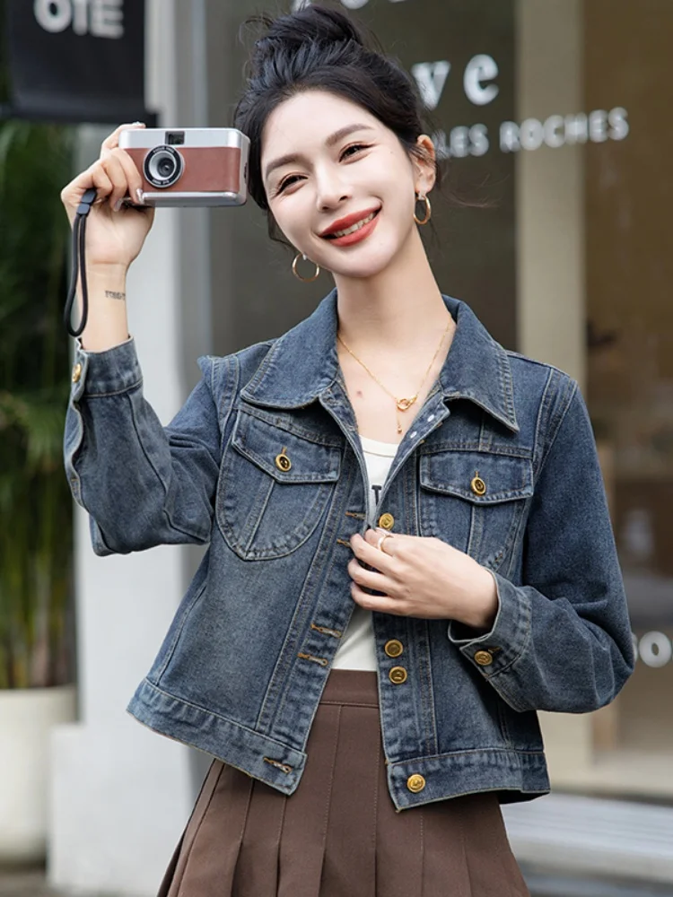 

Retro oulder Denim Jaet Women's Spring Autumn ort Sle Casual Small Size Jeans Clothing Jaet Commute Sle Slim Fit
