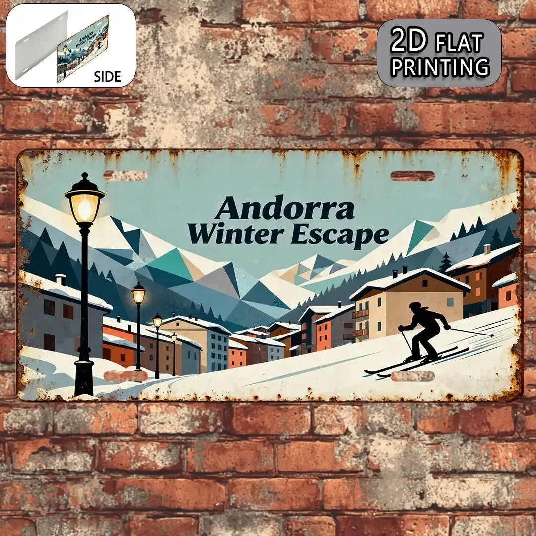 Andorra Winter Escape Skiing Mountain Town Aluminum Tin Sign Wall Art Decor for Garage Bar Man Cave 2D Flat Printing Metal Po