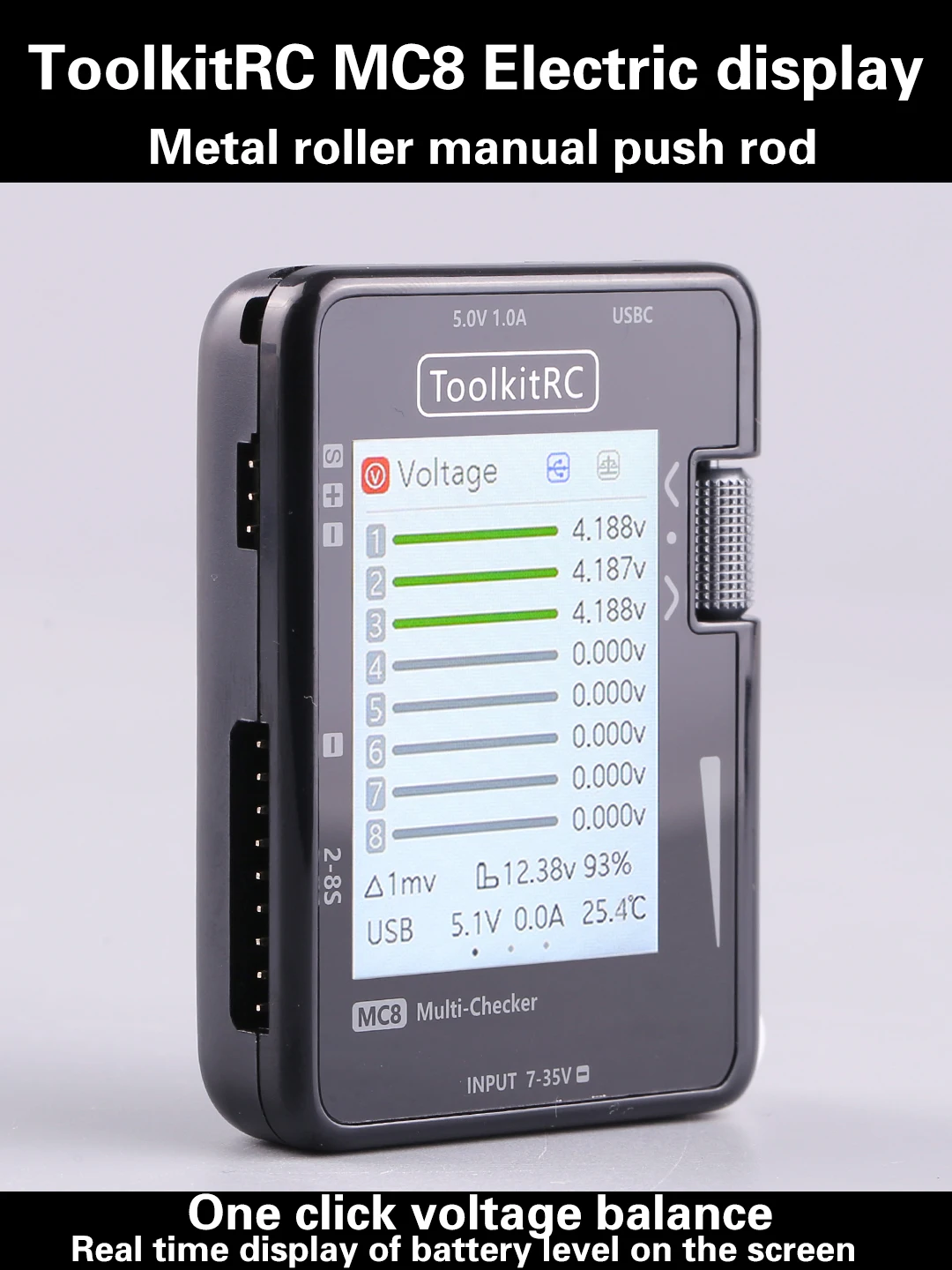 ToolkitRC MC8 Mini Size Cell Checker 32 Bit Battery Multi-Checker PWM Output PPM SBUS Readout With USB-C Fast Charging