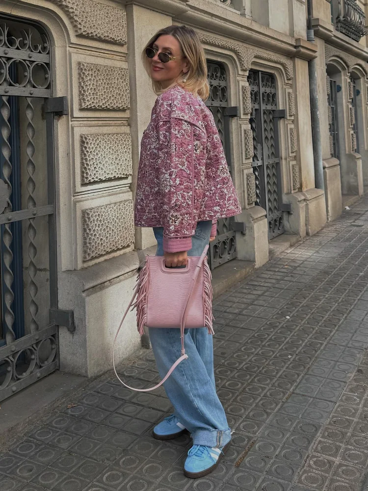 Chaquetas elegantes de algodón con estampado Floral para mujer, abrigos casuales de un solo pecho con cuello alto, prendas de vestir acolchadas para