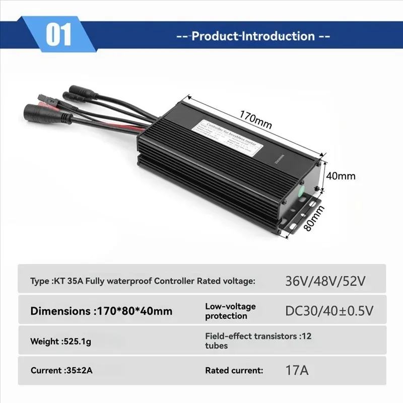 AS98 KT-35A 36/48/52V 12 Tube Sine Wave Waterproof Connector Brushless DC Ebike Motor Speed Controller Kit