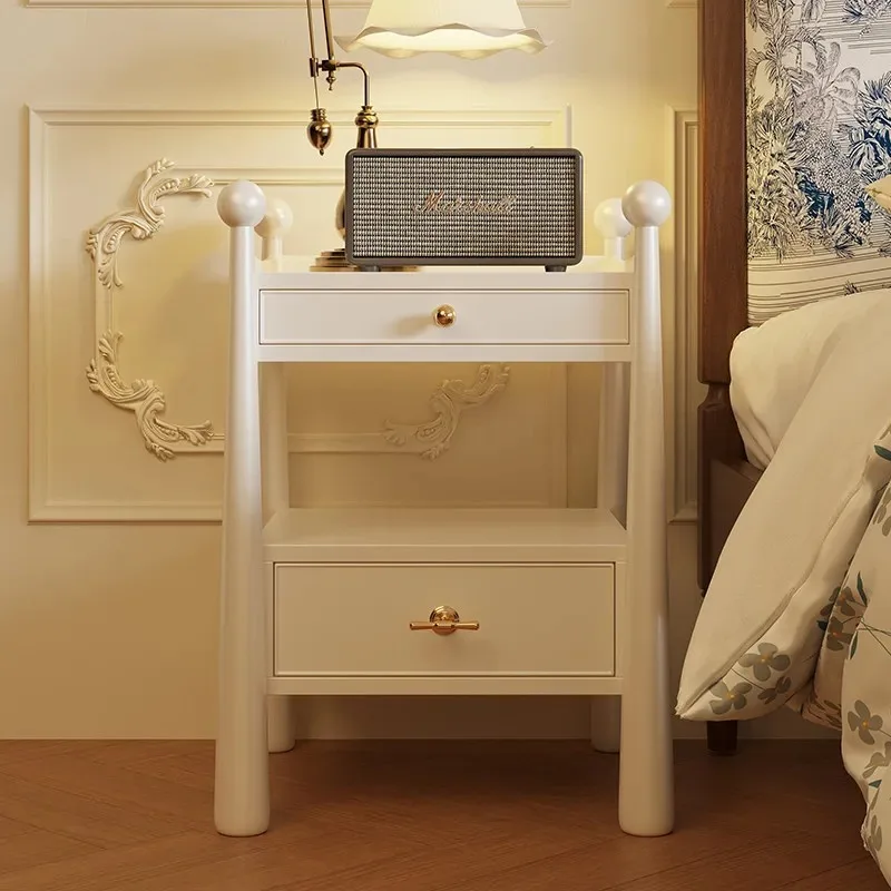 Retro all-solid wood bedside table Small household bedroom Light luxury high-end medium antique white bedside table