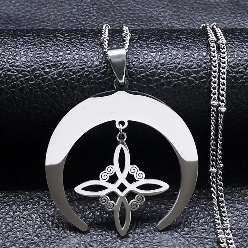 Collar con símbolo de Luna y nudo de bruja para mujeres/hombres, amuleto de la suerte de acero inoxidable, collares de media luna, joyería de brujería, nudo de bruja