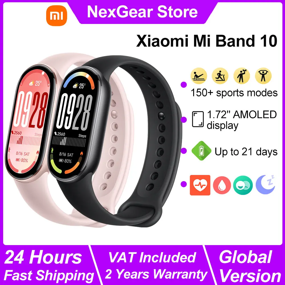 Pulsera inteligente Xiaomi Mi Band 10, pantalla AMOLED de 1,72 pulgadas, monitoreo del ritmo cardíaco y oxígeno en sangre, BT5.4 Más de 150 modos deportivos Banda inteligente
