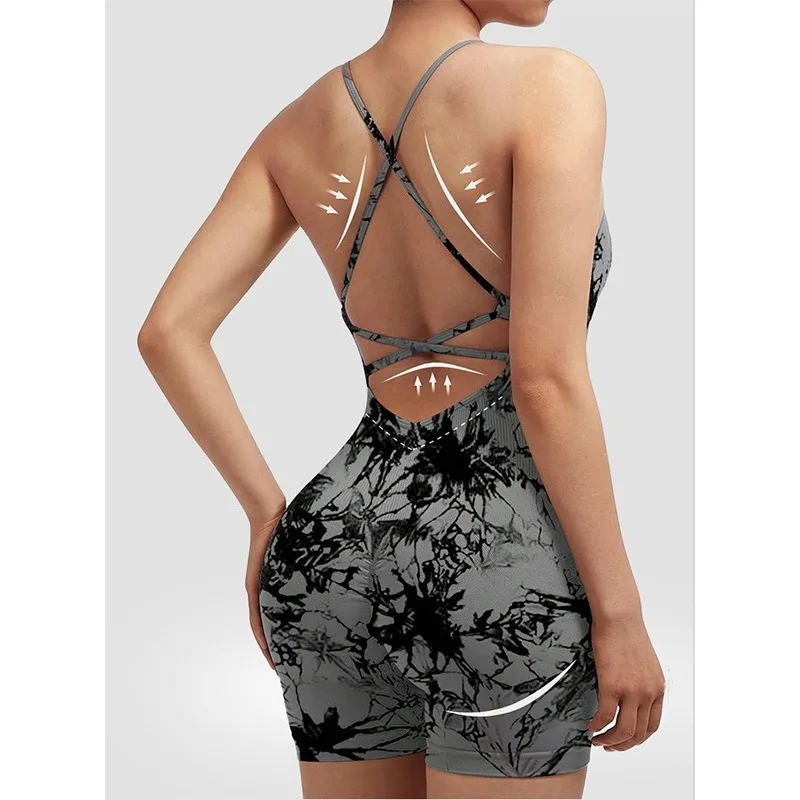 セクシーなフィットネスジャンプスーツ レディース クロス調節可能 スポーツプレイスーツ ランニング ワンピース ヨガスーツ スクランチショーツ バックレスセット ロンパース