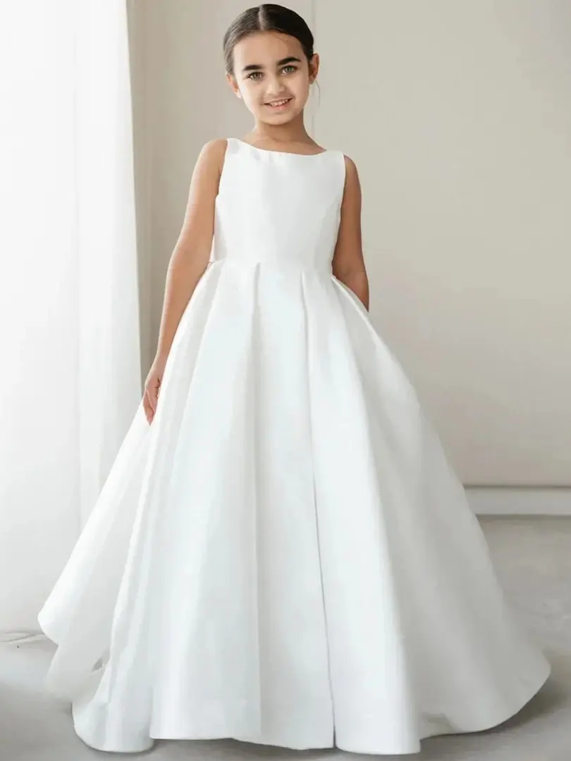 Customized White Flower Girl Dress Satin With Bow Sleeveless For Wedding Birthday Party Event Pageant Holy Communion Gown