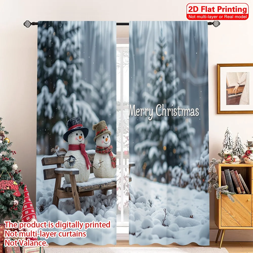 

2pcs 2D flat printing Christmas Drapes Merry Christmas Snowmen Winter Birds Polyester Without Electricity Festive Wall Decor