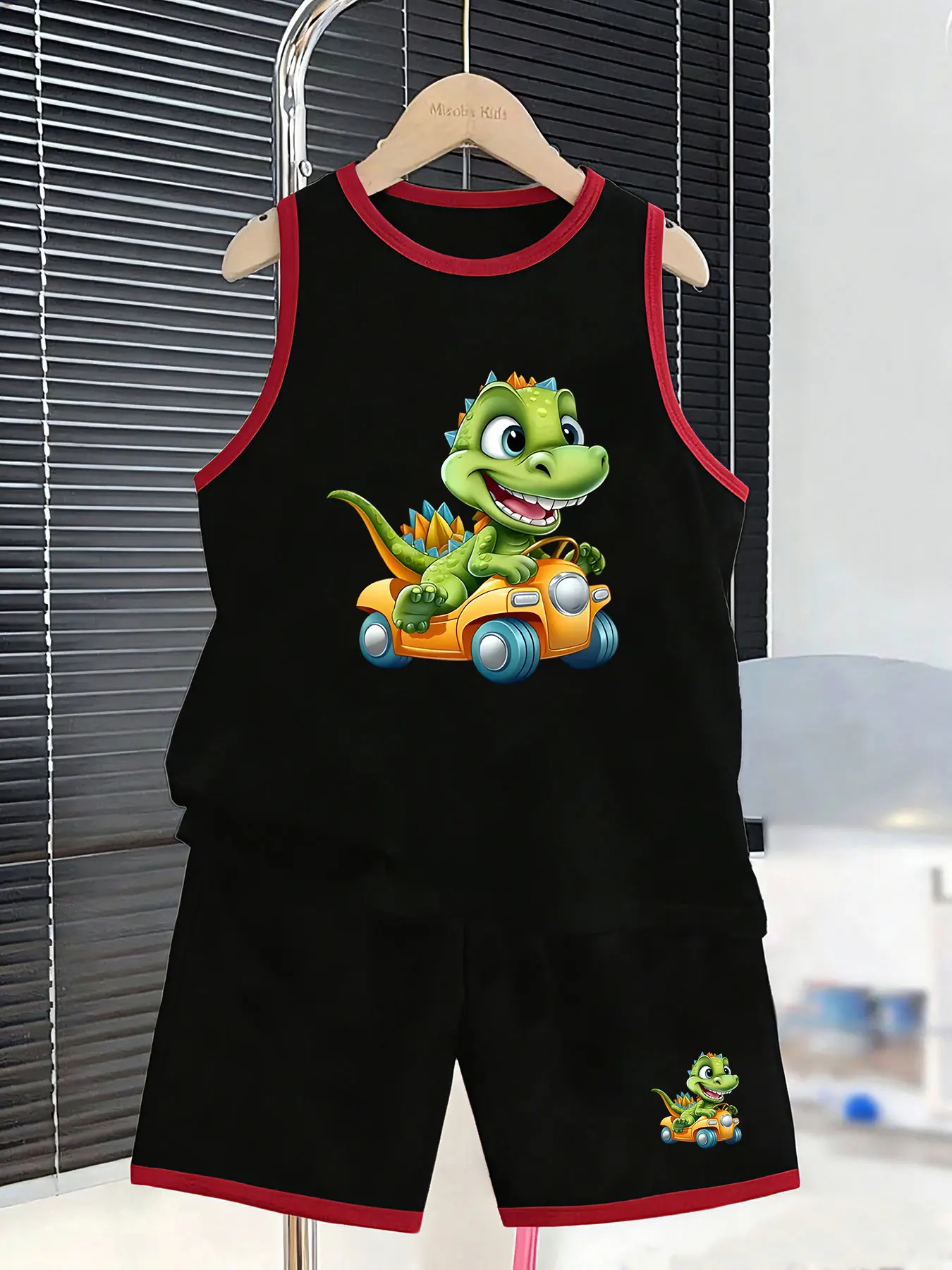 Boys' Dinosaur Driving Sports Car Themed Tank Top and Shorts Two - piece Set, Creating a Vacation - ready Summer Outfit. Selecte