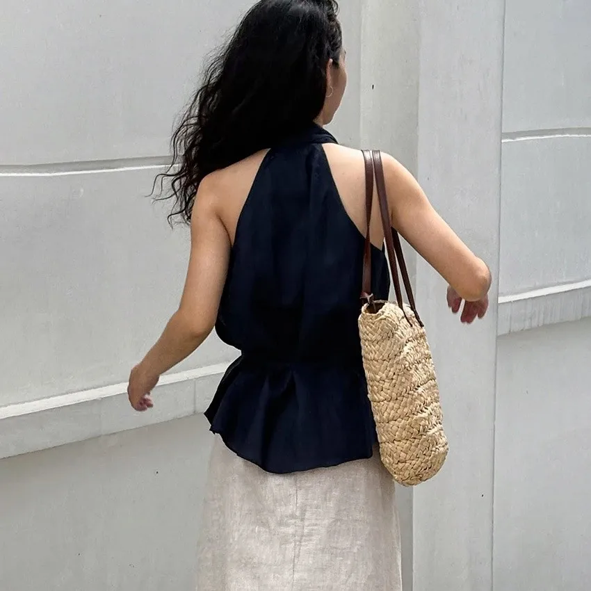 Women Summer Tank Top Halter Neck Crop Camisole Navy Blue Solid Color Sleeveless Top Cotton Fabric Vest Self Tie Waist Peplum