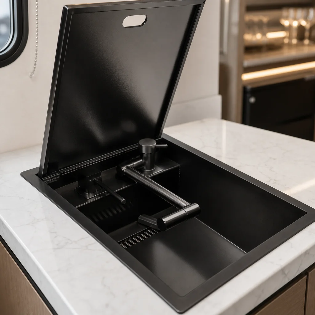 Hot Sales Rv Folding Stainless Steel Handmade Rectangular Modern Single Bowl Foldable Sink with Faucet One Hole for RV or Boat
