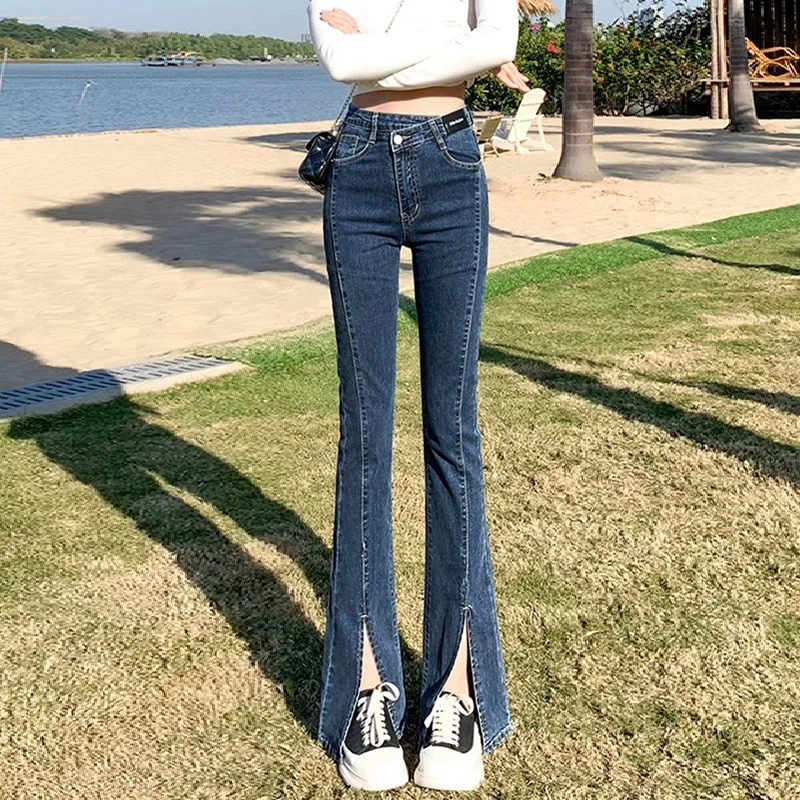 Vintage  Casual Women Flared Jeans Woman High Waist Wide Leg Pants Stretch Fashion Tight Washde Denim Trousers For Female Pants