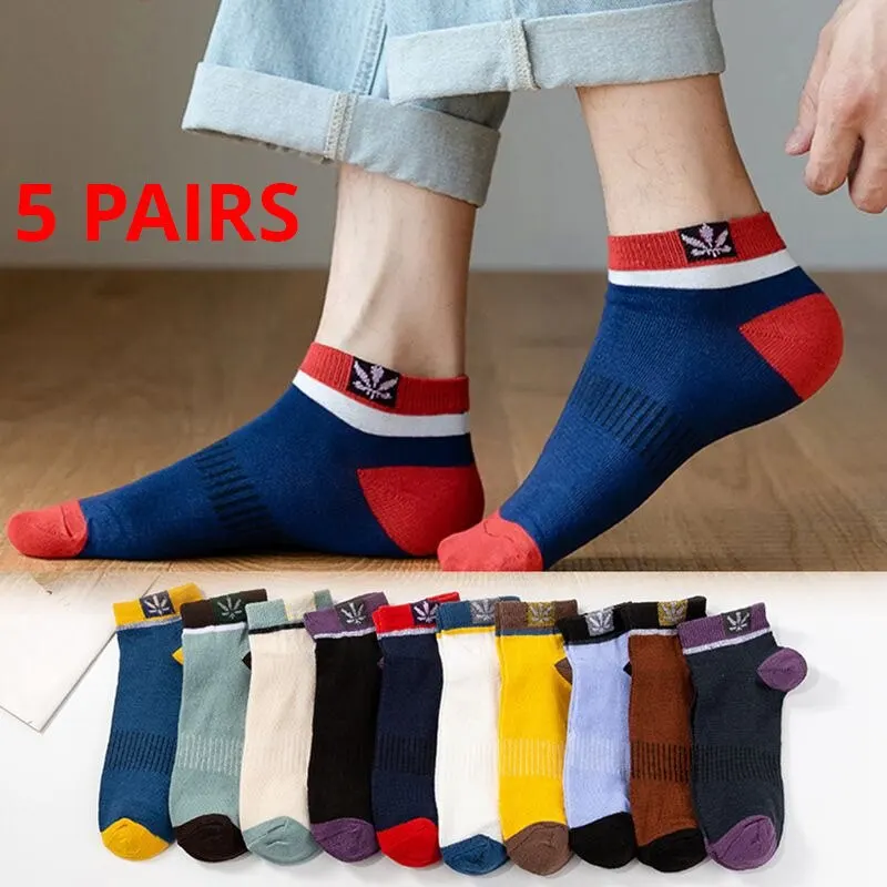 5 Pairs Men's Short Socks For Men High Quality Color Matching Maple Leaf No Show Male Ankle Socks For Man