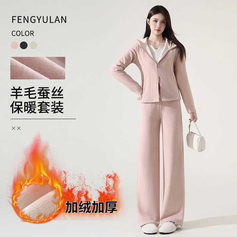 Autumn Winter Warm Women Tracksuits Fleece Lined Hooded Slim Jackets with High Waist Sweat Pants Causal Fitness 2pcs Outfits Set