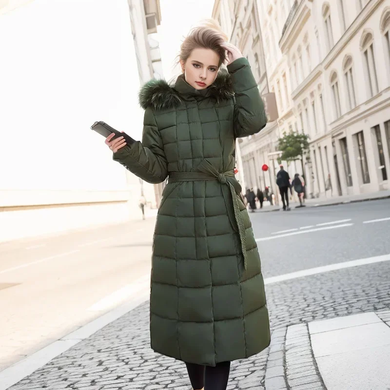 2024 Winter Jacket Female Warm Down Cotton Padded Black Parkas Long Quilted Tops Coat Women's With Hood Fur Belt Thick Jackets